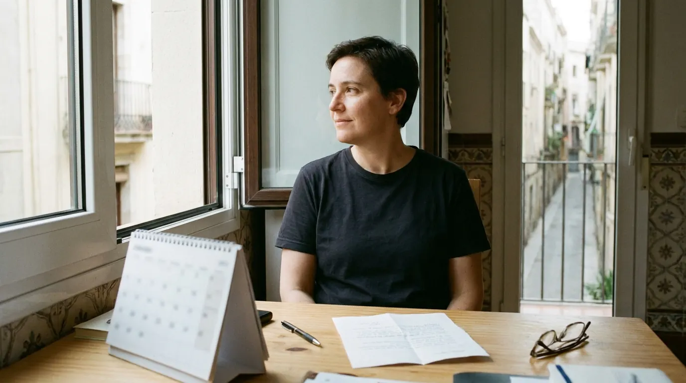 Una mujer junto a la ventana, con un calendario de mesa y papeles delante